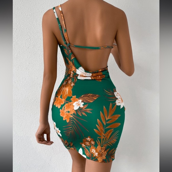 Boho Tropical Print One Shoulder cowl Neck Bodycon Fitted Mini Dress Pink - Picture 2 of 6